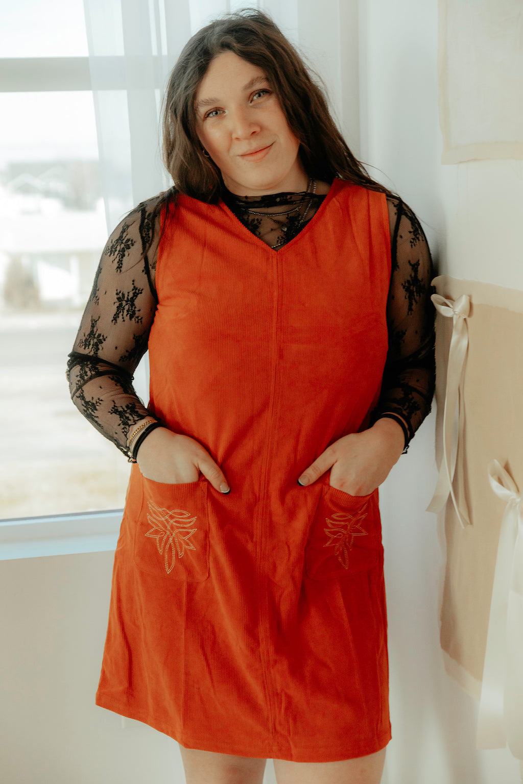 orange corduroy dress Western Embroidered Small waist continues into the Melissa & Doug Occupations attr:lace-up back Colour:Ruby