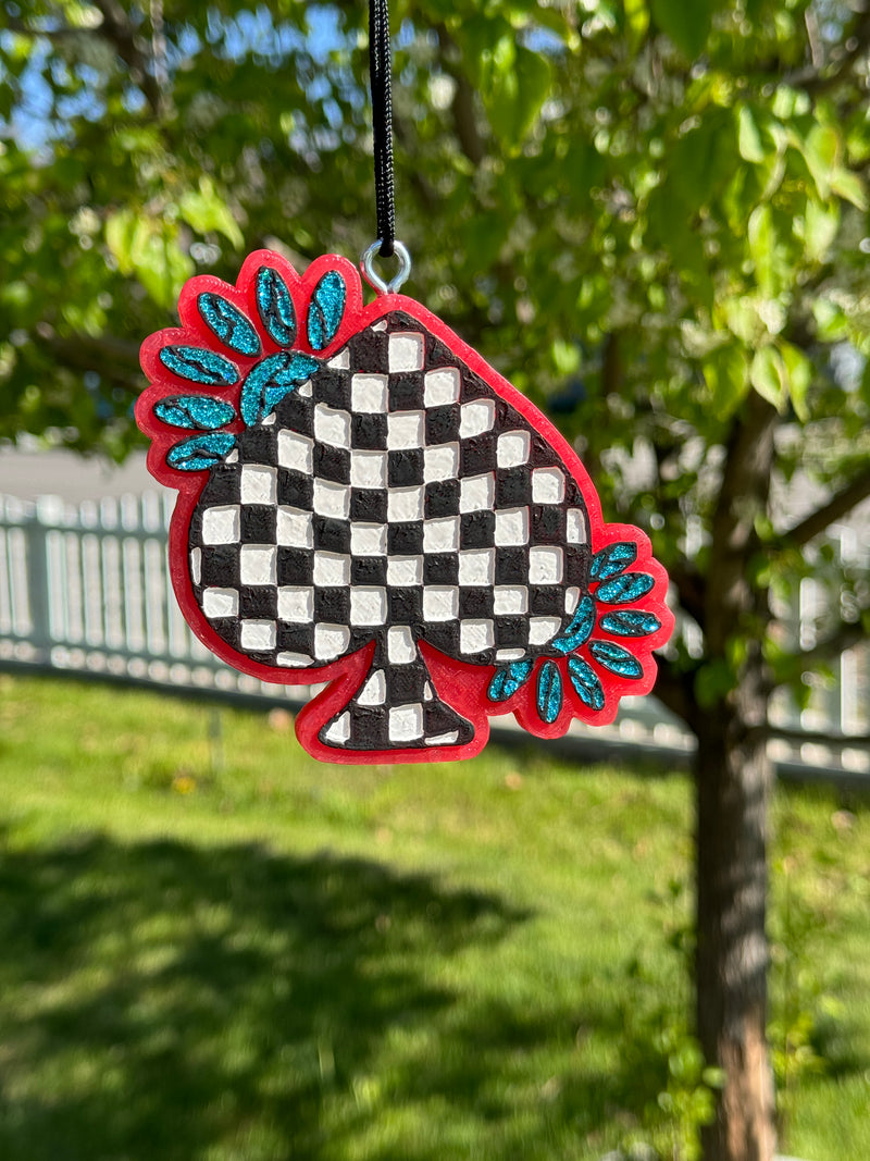 Turquoise and Checkered Spade Car Freshie